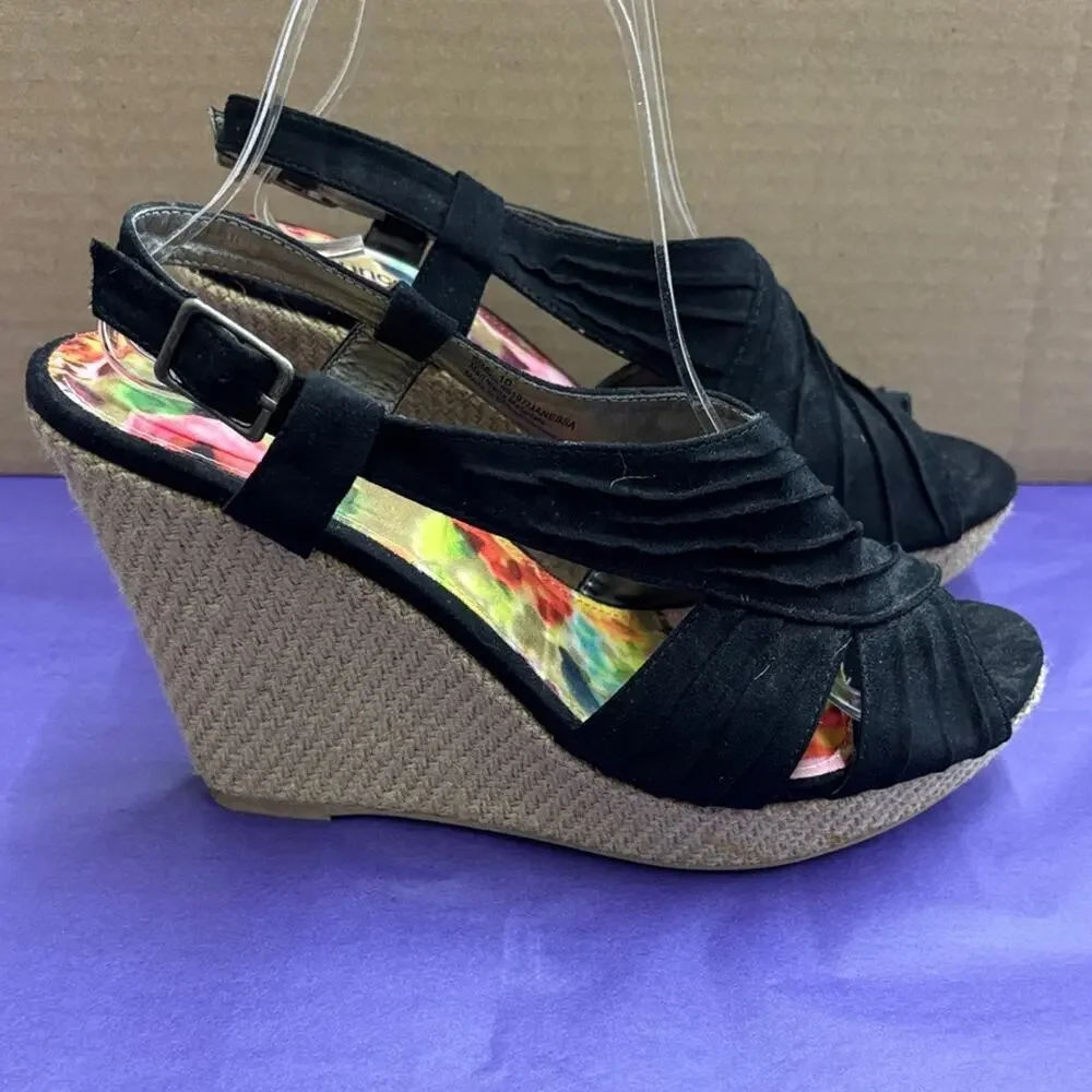 Maurices Janessa Black Tan Woven Wedge Sandals Size 10 Women's Spring Resort